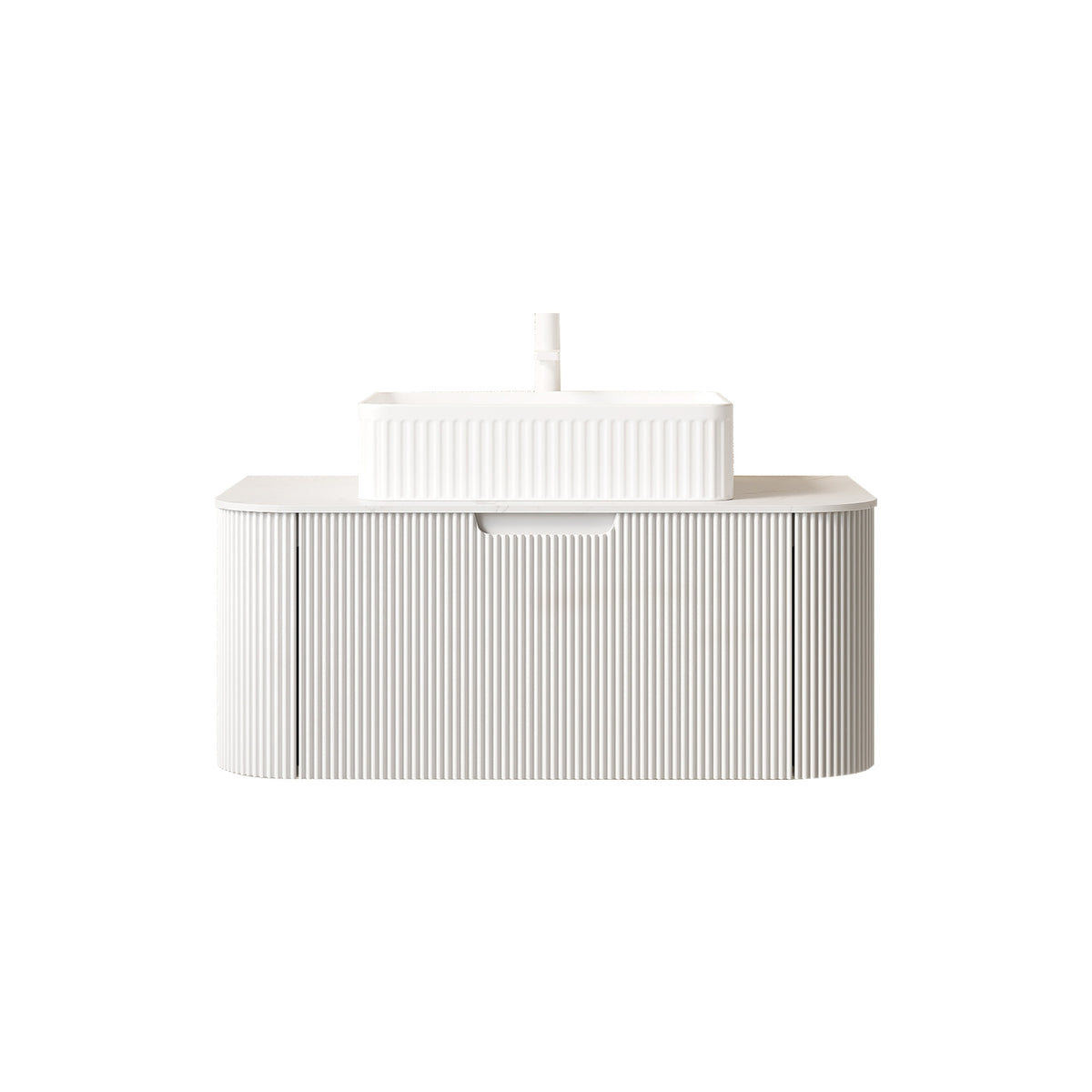 DINA 36" Bathroom Vanity&Sink, Floating Curved Edges Striped Plywood Storage Cabinet with Drawer, White Rectangle Ceramic Basin&Carrara White Sintered Stone Top, Pre-assembled, White (New SKU)