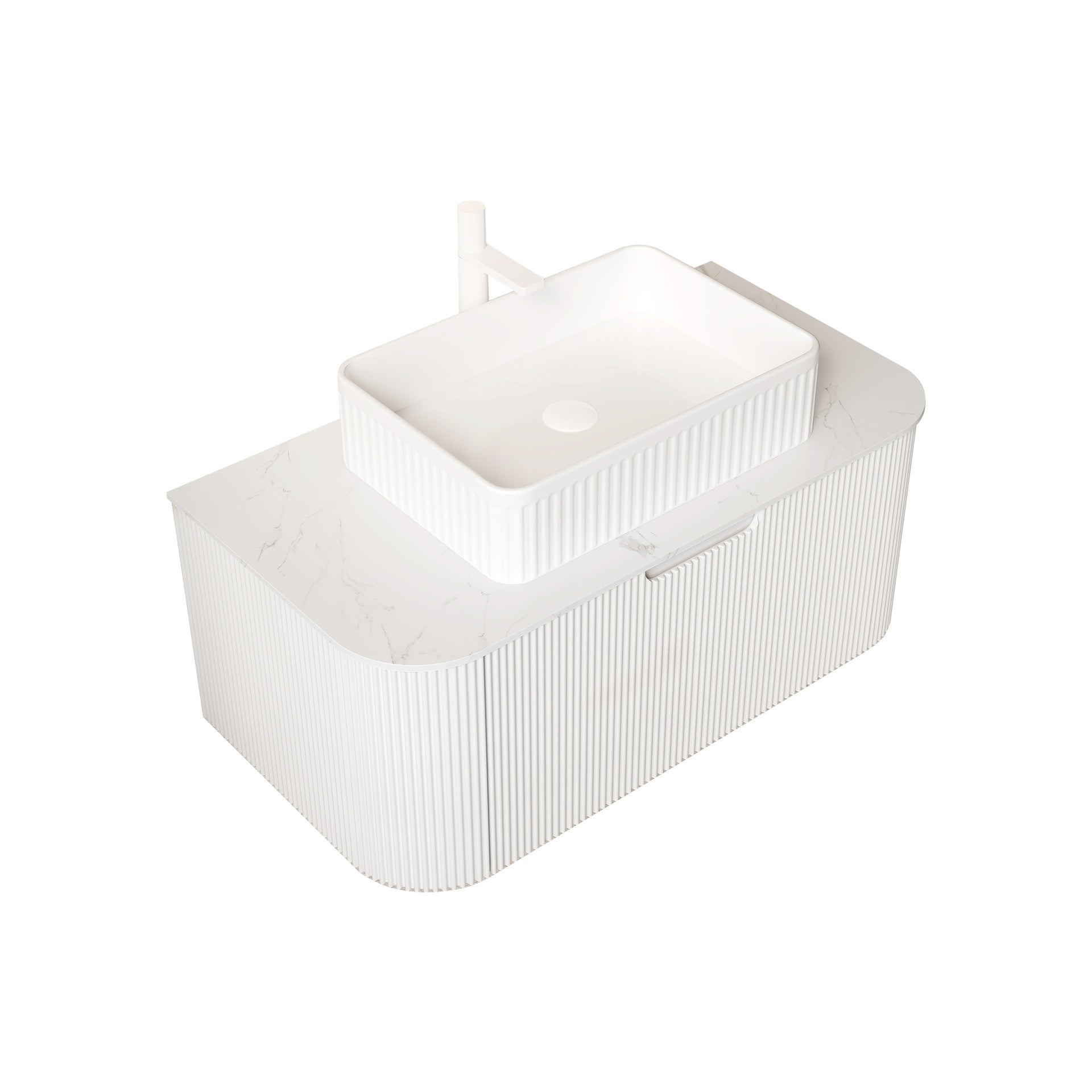 DINA 36" Bathroom Vanity&Sink, Floating Curved Edges Striped Plywood Storage Cabinet with Drawer, White Rectangle Ceramic Basin&Carrara White Sintered Stone Top, Pre-assembled, White (New SKU)