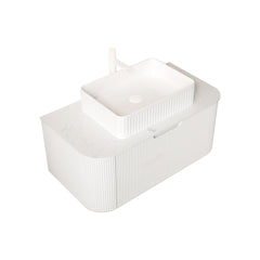 DINA 36" Bathroom Vanity&Sink, Floating Curved Edges Striped Plywood Storage Cabinet with Drawer, White Rectangle Ceramic Basin&Carrara White Sintered Stone Top, Pre-assembled, White (New SKU)