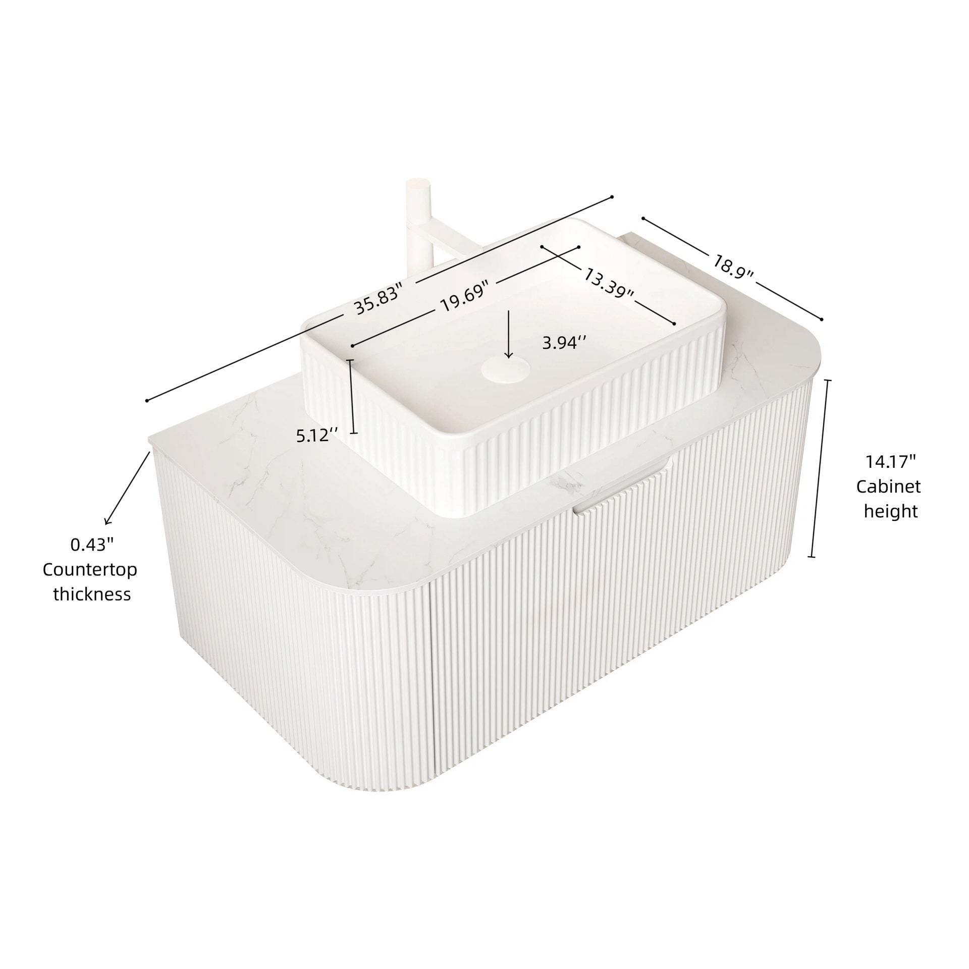 DINA 36" Bathroom Vanity&Sink, Floating Curved Edges Striped Plywood Storage Cabinet with Drawer, White Rectangle Ceramic Basin&Carrara White Sintered Stone Top, Pre-assembled, White (New SKU)