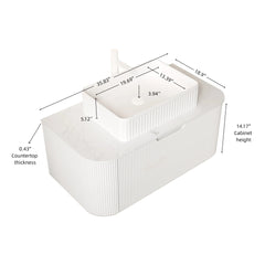 DINA 36" Bathroom Vanity&Sink, Floating Curved Edges Striped Plywood Storage Cabinet with Drawer, White Rectangle Ceramic Basin&Carrara White Sintered Stone Top, Pre-assembled, White (New SKU)