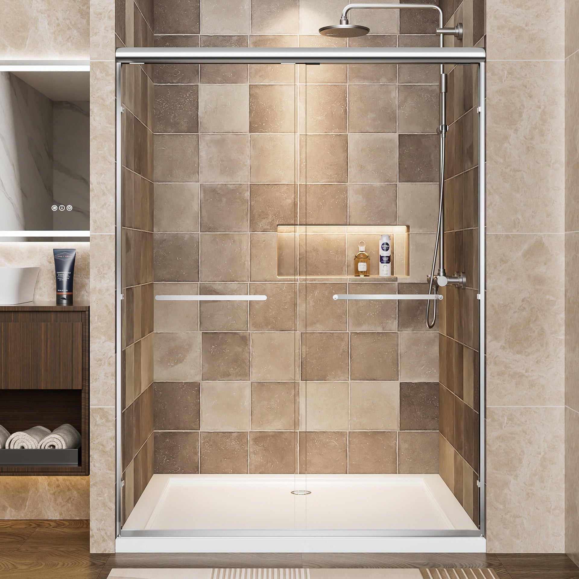 50"-54" W x 72" H Chrome Aluminum Frame Double Sliding Shower Door, 1/4" (6mm) Clear Tempered Glass With Explosion-proof Film, Dual Stainless Steel Handles