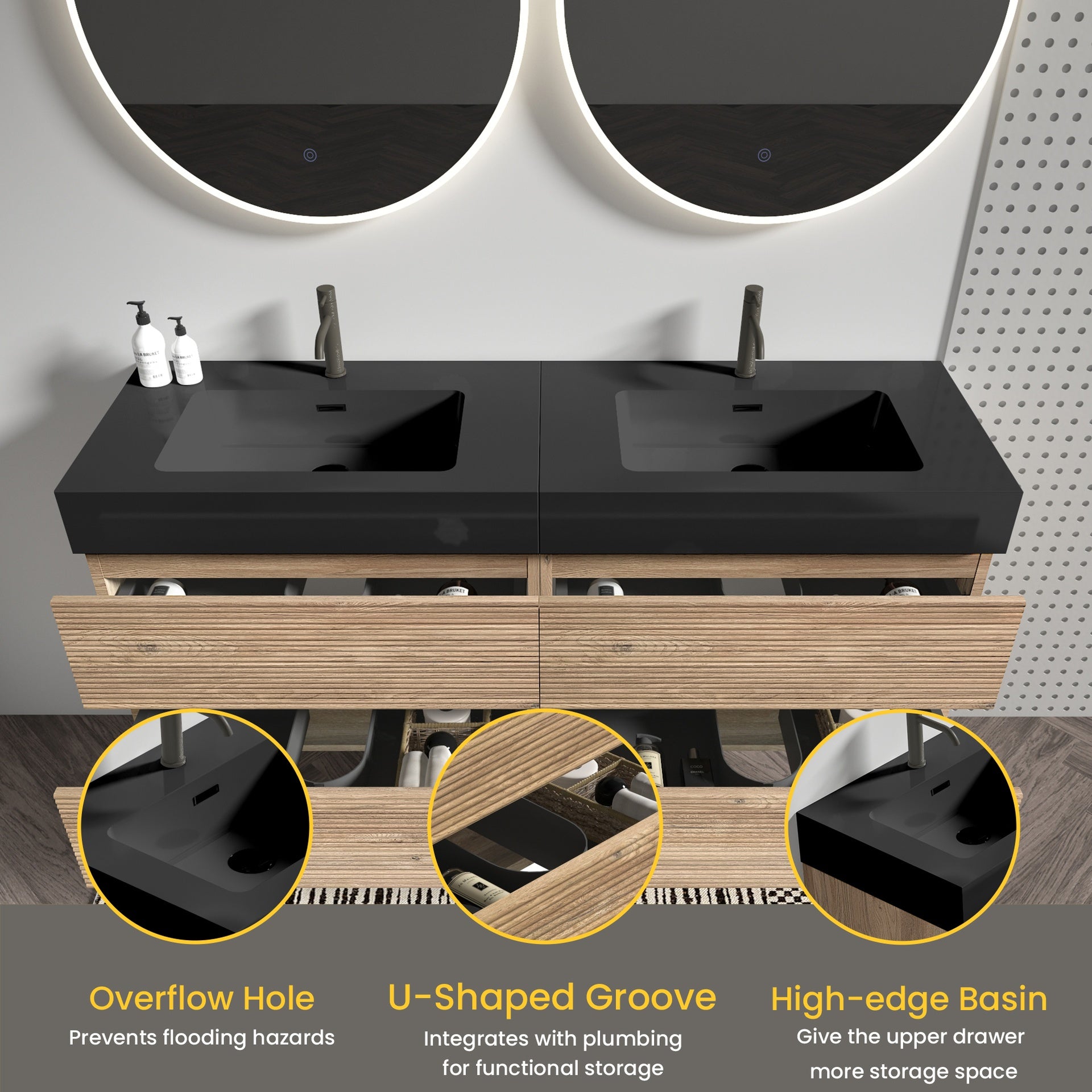 Grace 60''(30Inch*2) Bathroom Vanity with Matt Black Engineered Quartz Sink and Rough Oak Drawers, Wall Mounted Floating Bathroom Vanity for Modern Bathroom, without drainage and faucet, KD