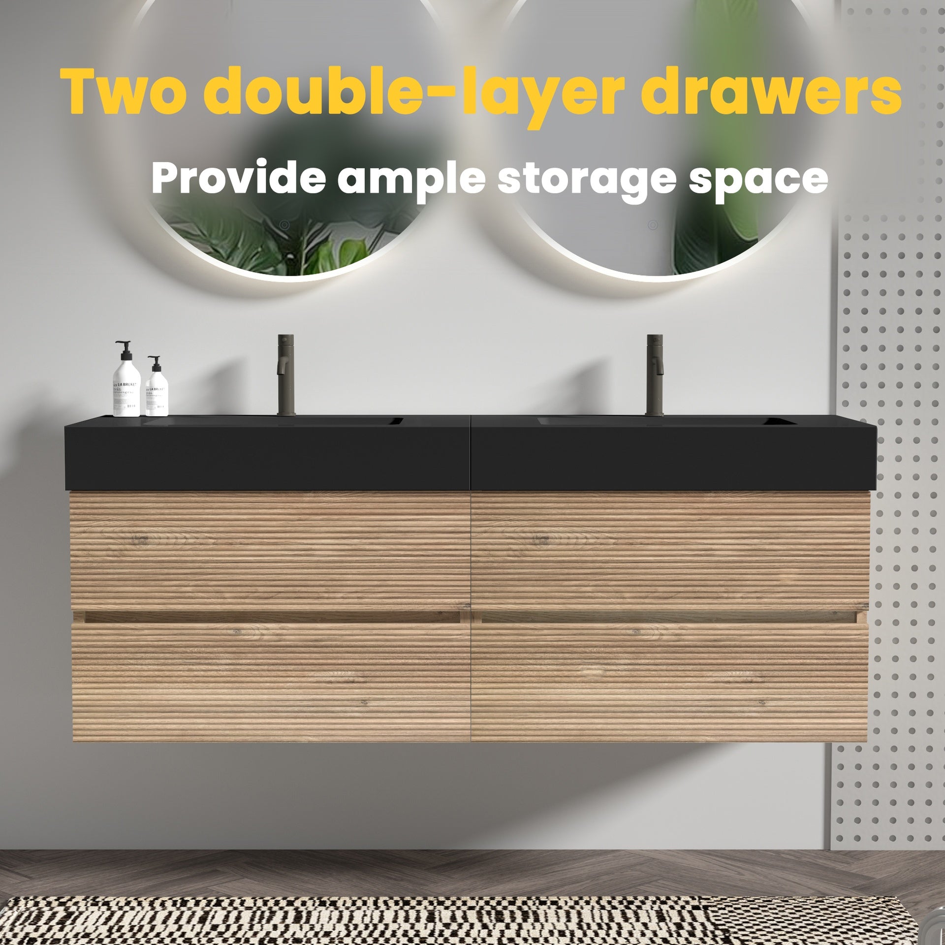 Grace 60''(30Inch*2) Bathroom Vanity with Matt Black Engineered Quartz Sink and Rough Oak Drawers, Wall Mounted Floating Bathroom Vanity for Modern Bathroom, without drainage and faucet, KD