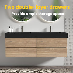 Grace 60''(30Inch*2) Bathroom Vanity with Matt Black Engineered Quartz Sink and Rough Oak Drawers, Wall Mounted Floating Bathroom Vanity for Modern Bathroom, without drainage and faucet, KD