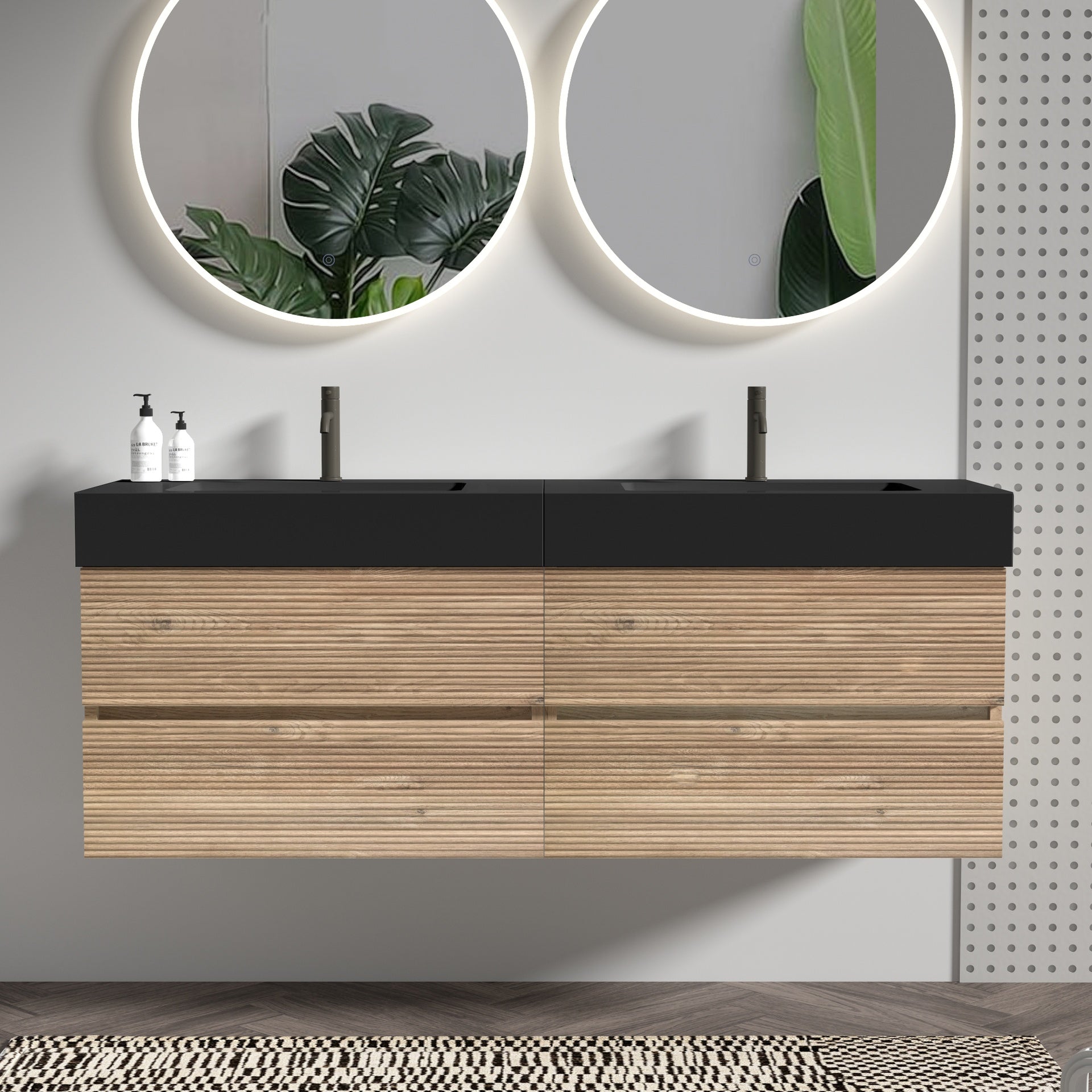 Grace 60''(30Inch*2) Bathroom Vanity with Matt Black Engineered Quartz Sink and Rough Oak Drawers, Wall Mounted Floating Bathroom Vanity for Modern Bathroom, without drainage and faucet, KD