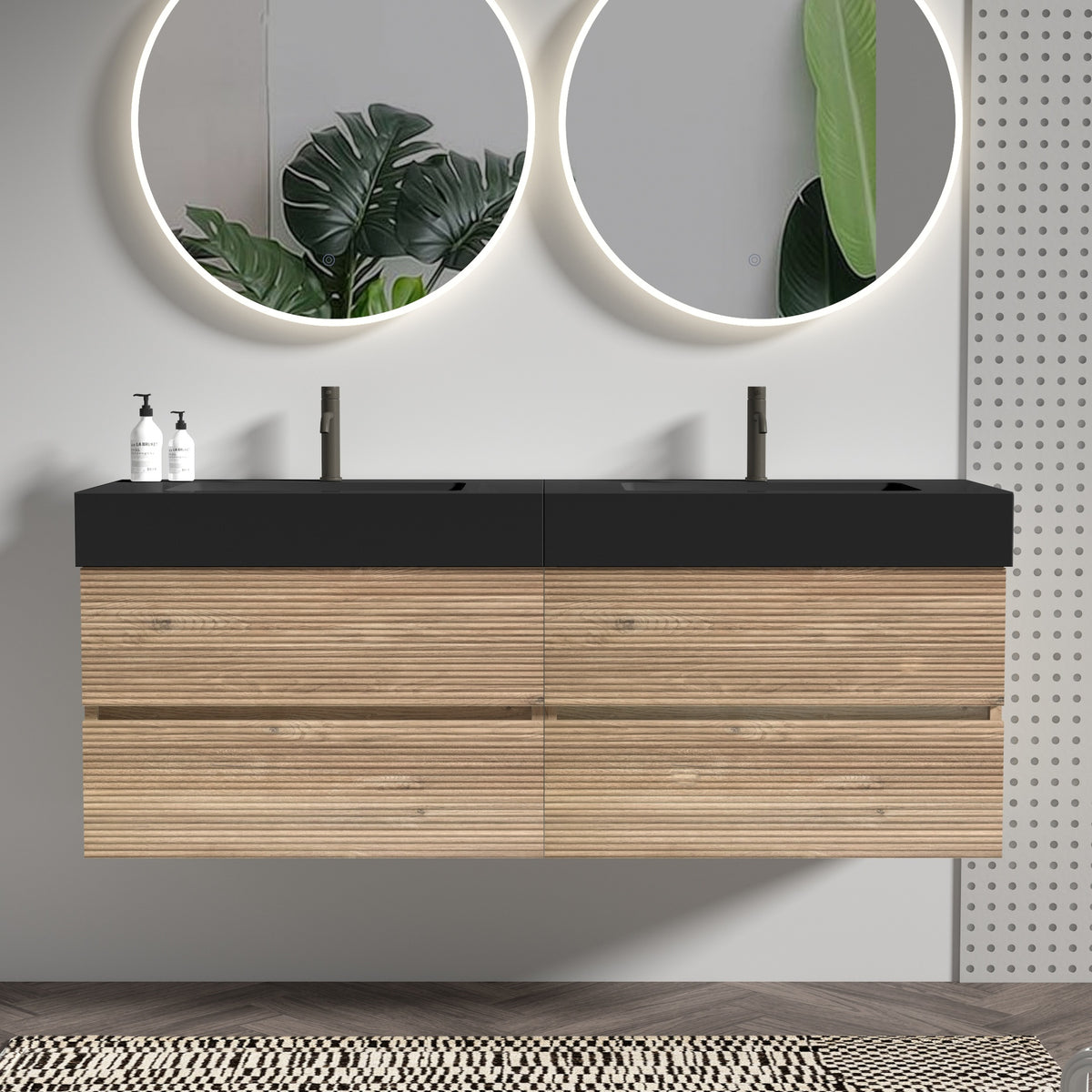 Grace 60''(30Inch*2) Bathroom Vanity with Matt Black Engineered Quartz Sink and Rough Oak Drawers, Wall Mounted Floating Bathroom Vanity for Modern Bathroom, without drainage and faucet, KD