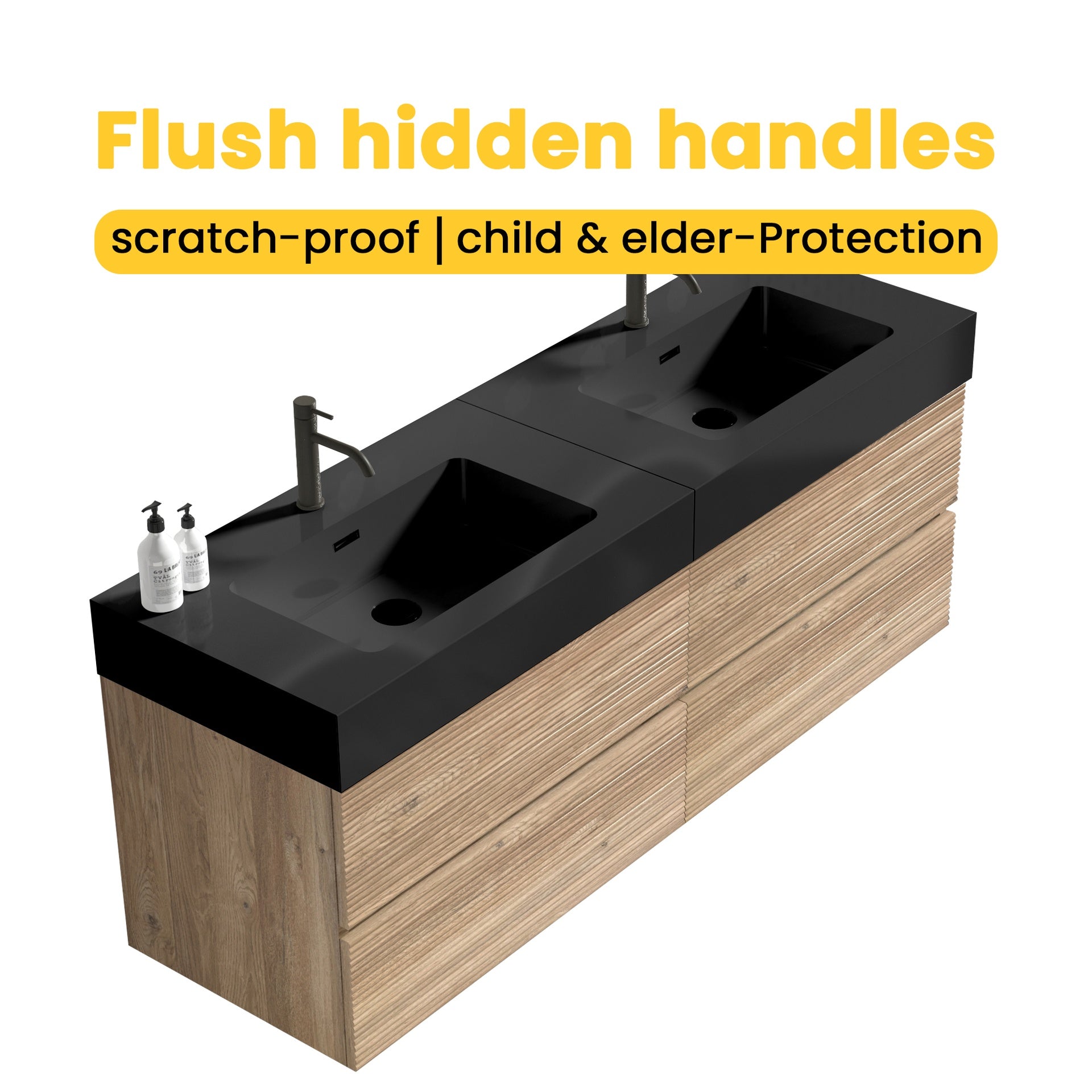 Grace 60''(30Inch*2) Bathroom Vanity with Matt Black Engineered Quartz Sink and Rough Oak Drawers, Wall Mounted Floating Bathroom Vanity for Modern Bathroom, without drainage and faucet, KD