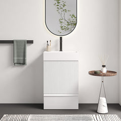 Gada 20" Striped Velvet White Bathroom Vanity with White Ceramic Sink, Freestanding Bathroom Cabinet for Modern Bathroom, One-Piece White Ceramic Basin Without Drain and Faucet, KD
