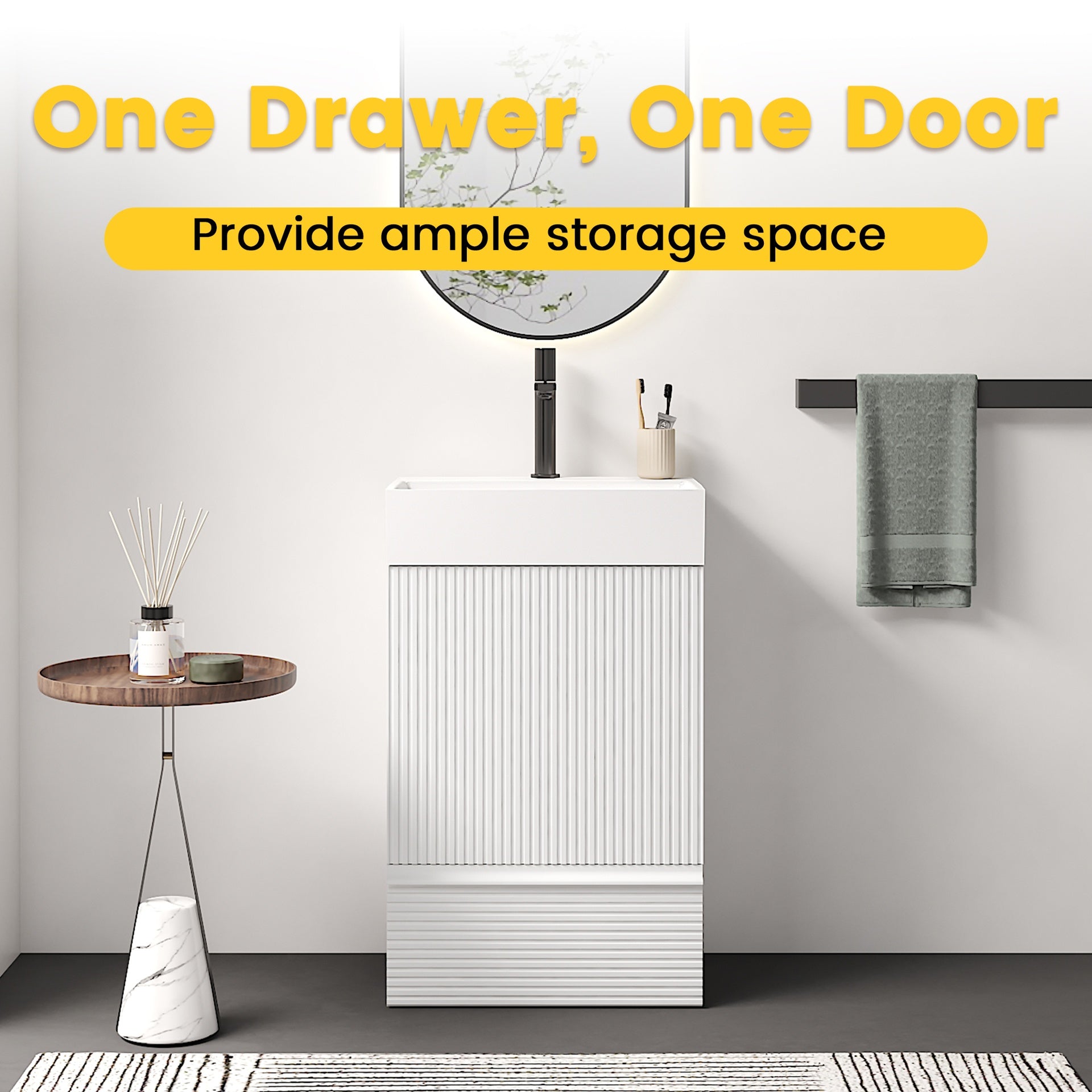 Gada 20" Striped Velvet White Bathroom Vanity with White Ceramic Sink, Freestanding Bathroom Cabinet for Modern Bathroom, One-Piece White Ceramic Basin Without Drain and Faucet, KD