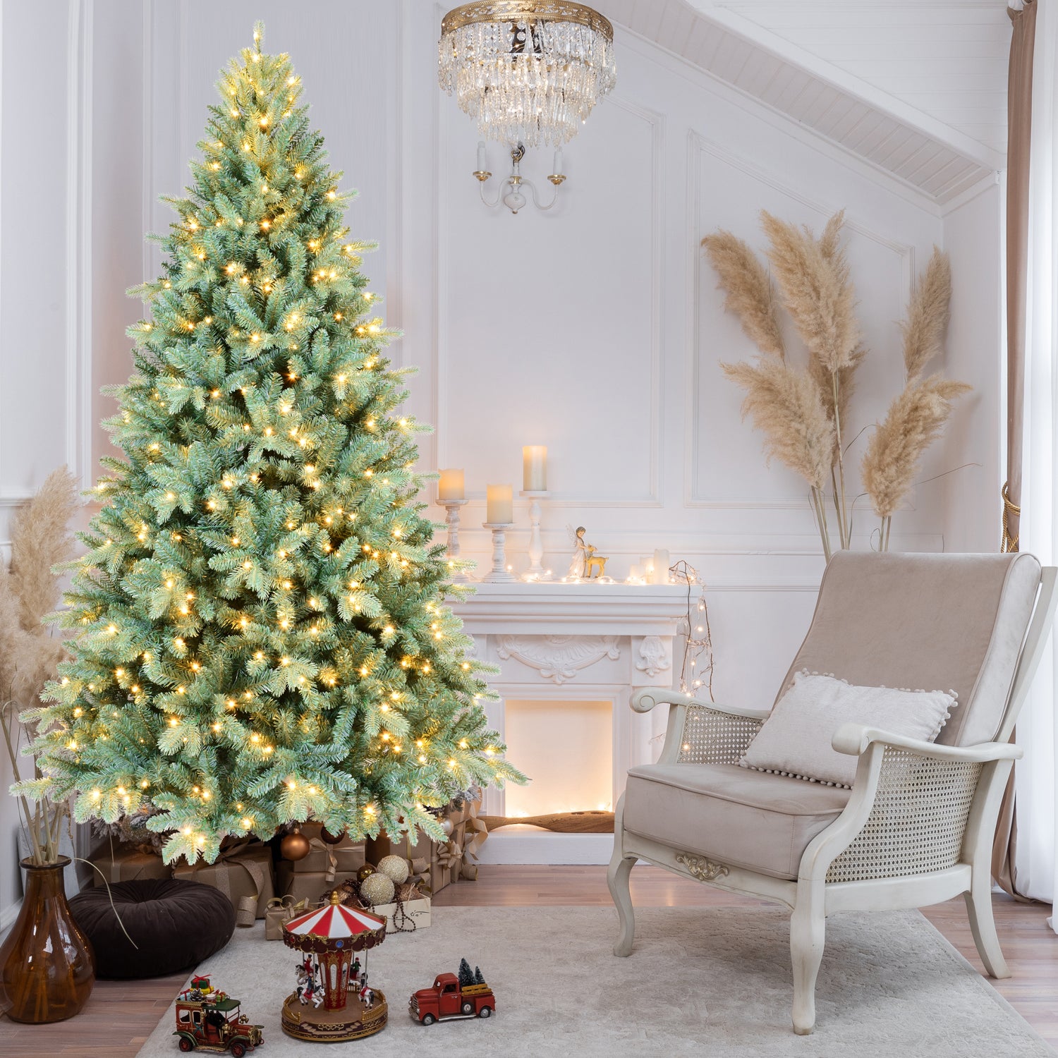 7.5FT Blue-Green Tint PE/PVC Christmas Tree with 550 Warm White LED Lights – 2148 Tips, Hinged Branch Design, Full Natural Look, Metal Stand, Easy Assembly Holiday Decoration