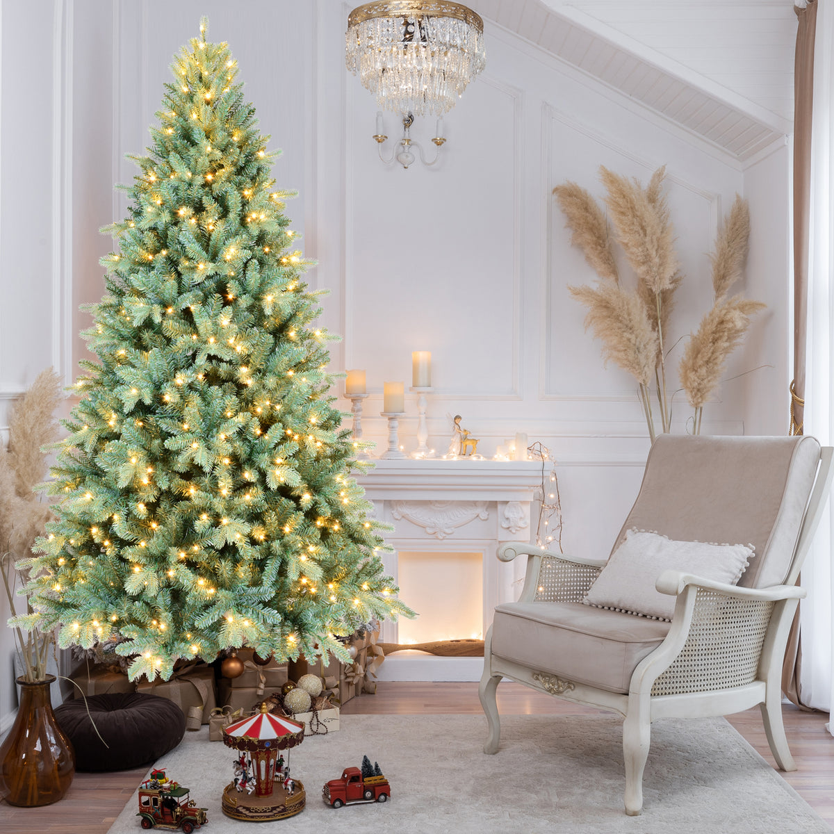 7.5FT Blue-Green Tint PE/PVC Christmas Tree with 550 Warm White LED Lights – 2148 Tips, Hinged Branch Design, Full Natural Look, Metal Stand, Easy Assembly Holiday Decoration