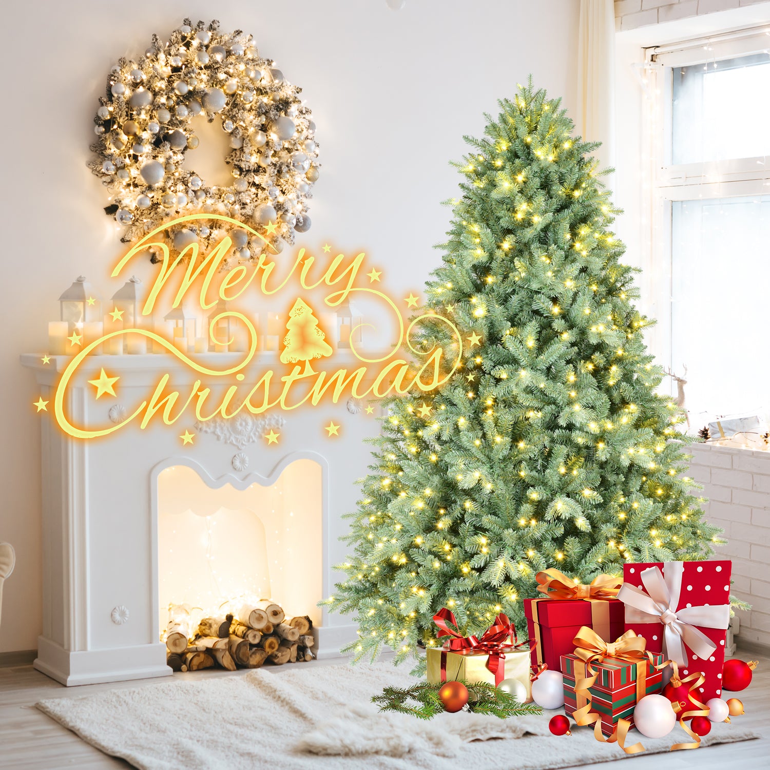 5FT Blue-Green Tint Pre-Lit Christmas Tree with 300 Warm White LED Lights – 592 PE+PVC Tips, Hinged Branches for Easy Setup, Sturdy Metal Stand, Unique Holiday Decoration