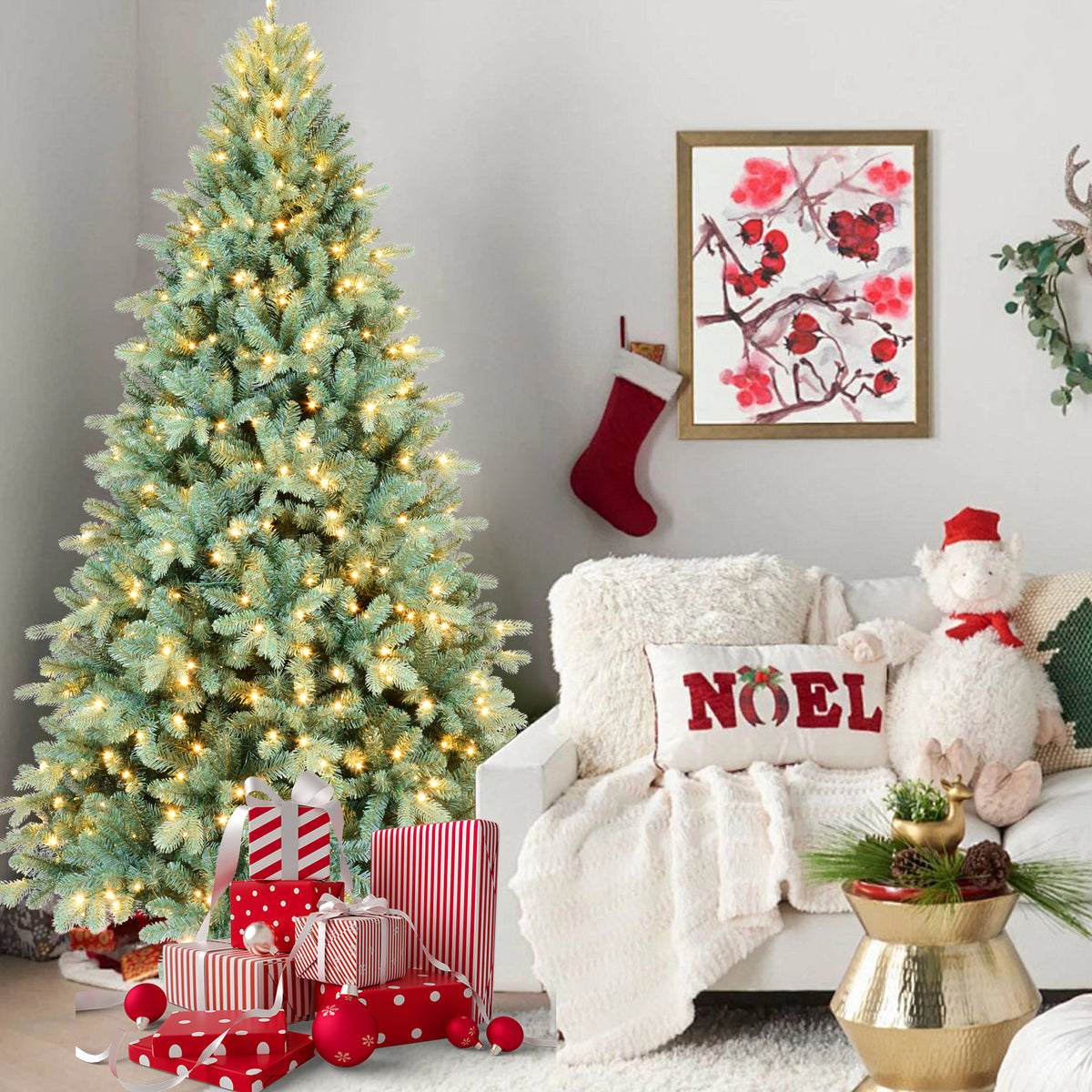 6FT Blue-Green Tint PE/PVC Christmas Tree with 350 Warm White LED Lights – 1390 Tips, Hinged Branch Design, Full Natural Look, Metal Stand, Easy Assembly Holiday Decoration