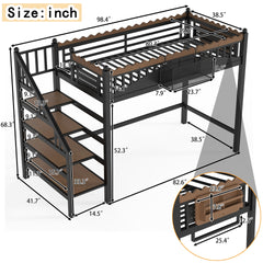 Twin XL Size Loft Bed with Storage Stairs, Metal Loft Beds Frame with Storage Shelves and bookshelf, Loft Bed for Bedroom, Guest, Dorms, Black