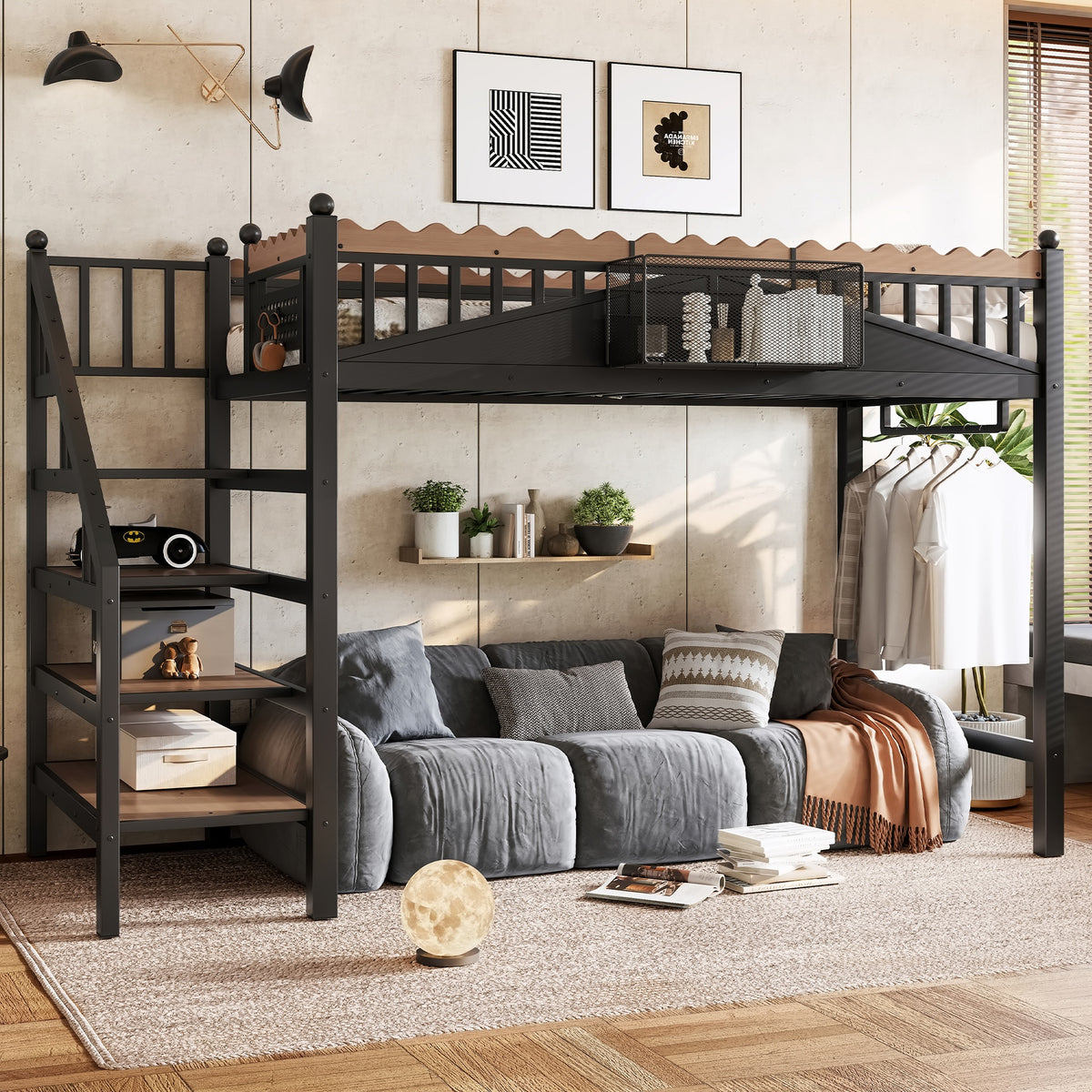 Twin XL Size Loft Bed with Storage Stairs, Metal Loft Beds Frame with Storage Shelves and bookshelf, Loft Bed for Bedroom, Guest, Dorms, Black