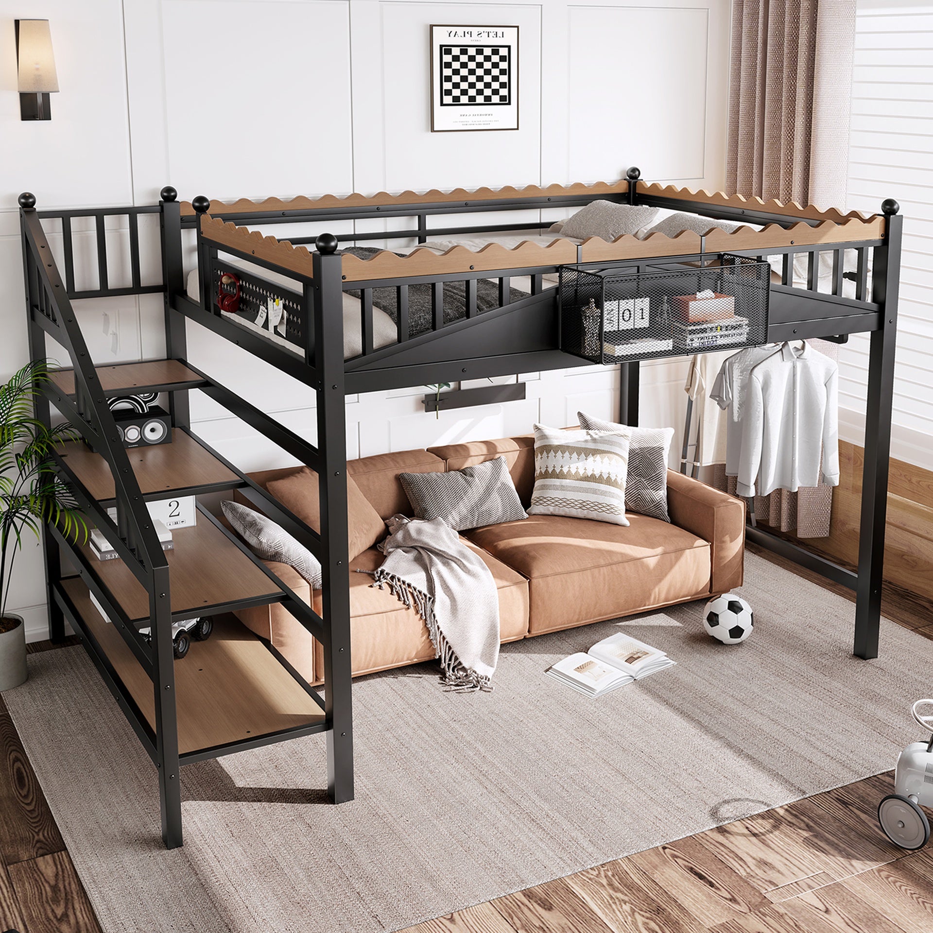 Full Size Loft Bed with Storage Stairs, Metal Loft Beds Frame with Storage Shelves and bookshelf, Loft Bed for Bedroom, Guest, Dorms, Black
