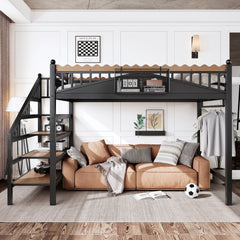 Full Size Loft Bed with Storage Stairs, Metal Loft Beds Frame with Storage Shelves and bookshelf, Loft Bed for Bedroom, Guest, Dorms, Black