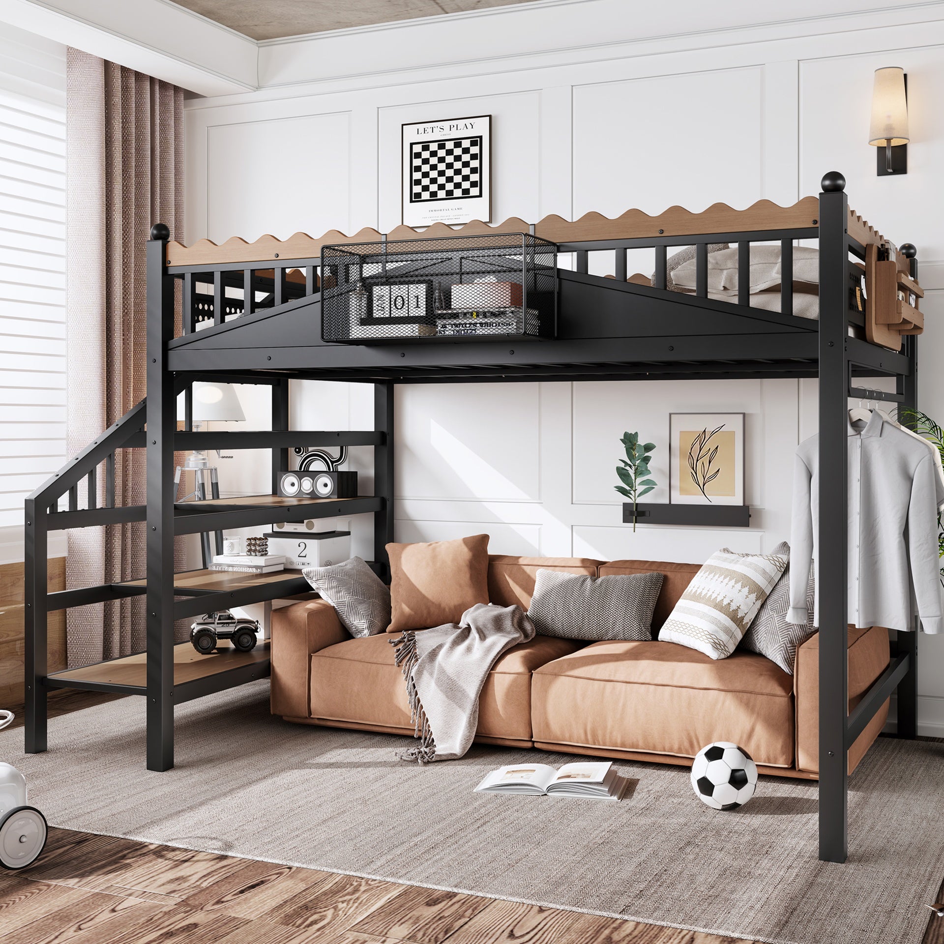 Full Size Loft Bed with Storage Stairs, Metal Loft Beds Frame with Storage Shelves and bookshelf, Loft Bed for Bedroom, Guest, Dorms, Black