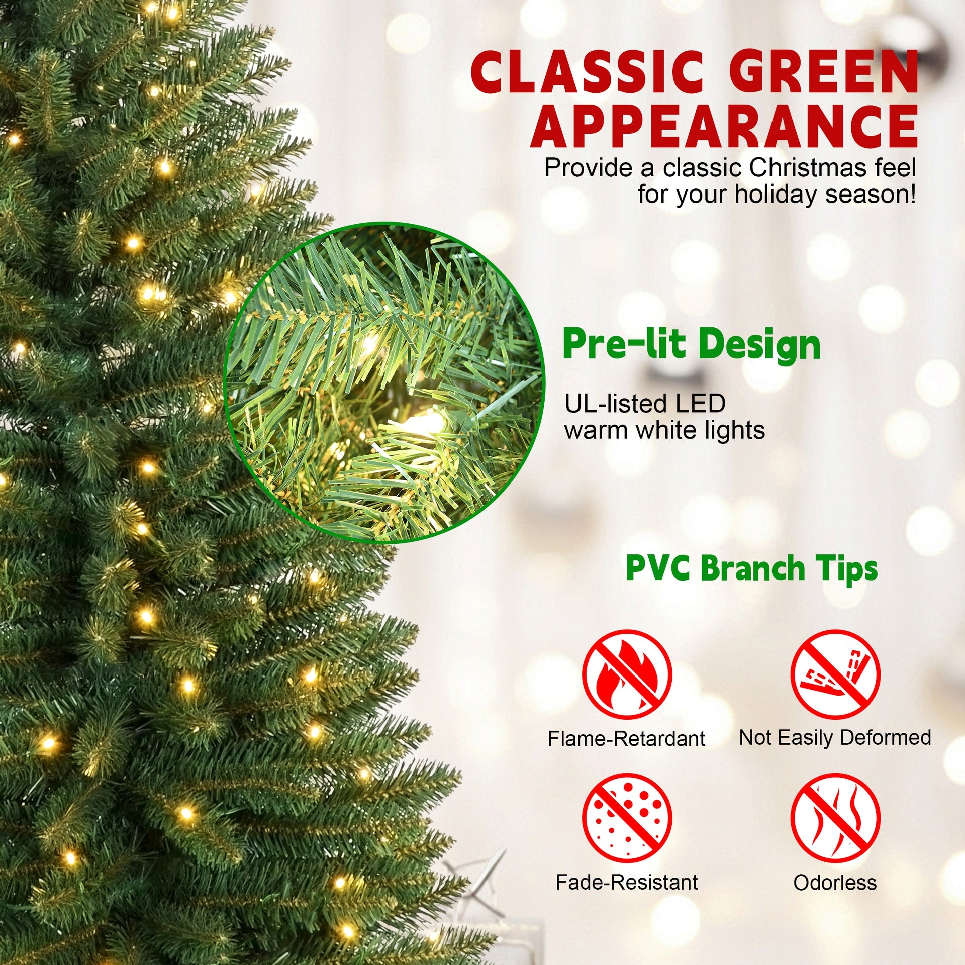 6FT Green Pencil Christmas Tree with 150 Warm White LED Lights – Slim PVC Tree with 358 Tips, Compact Design, Stable Metal Stand, Easy to Assemble