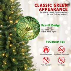 6FT Green Pencil Christmas Tree with 150 Warm White LED Lights – Slim PVC Tree with 358 Tips, Compact Design, Stable Metal Stand, Easy to Assemble