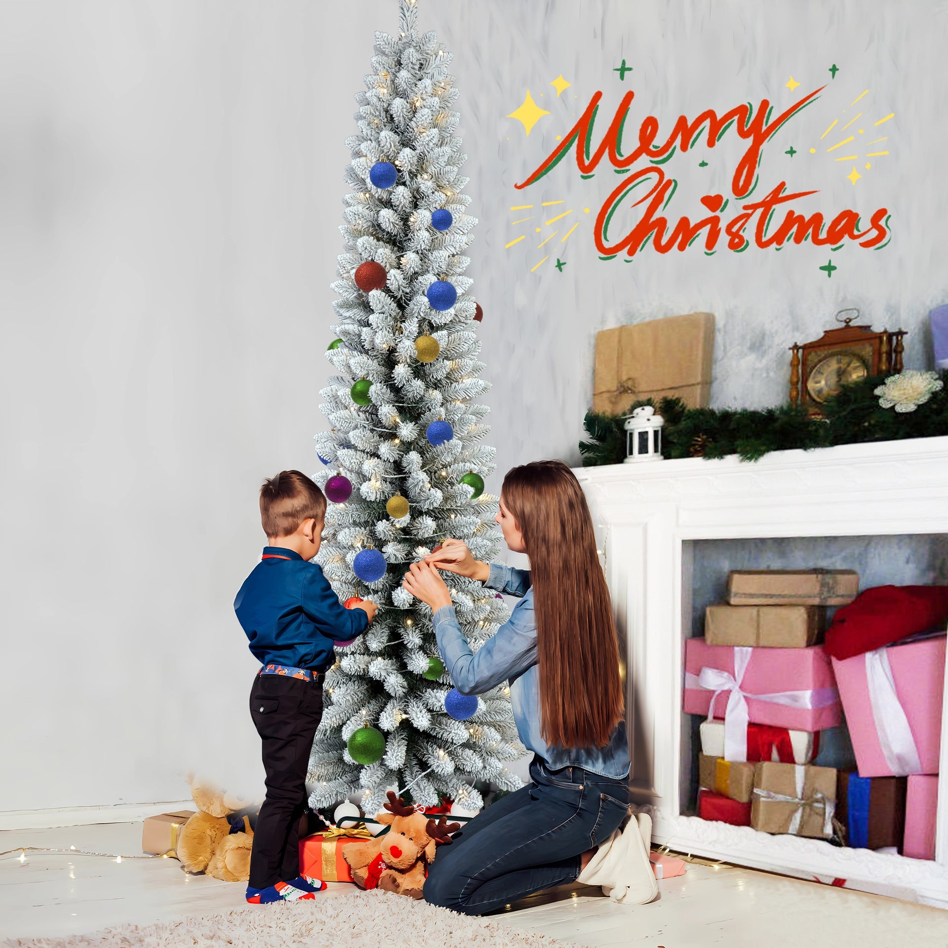 6FT Flocked Pencil Christmas Tree with 150 Warm White LED Lights – Slim Snowy PVC Tree with 358 Tips, Metal Stand, Space-Saving Design, Easy to Set Up