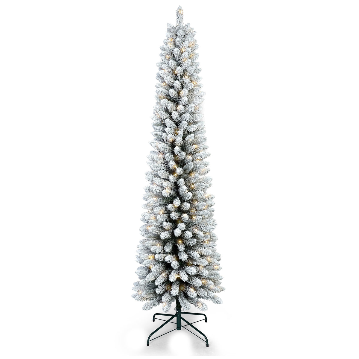 6FT Flocked Pencil Christmas Tree with 150 Warm White LED Lights – Slim Snowy PVC Tree with 358 Tips, Metal Stand, Space-Saving Design, Easy to Set Up