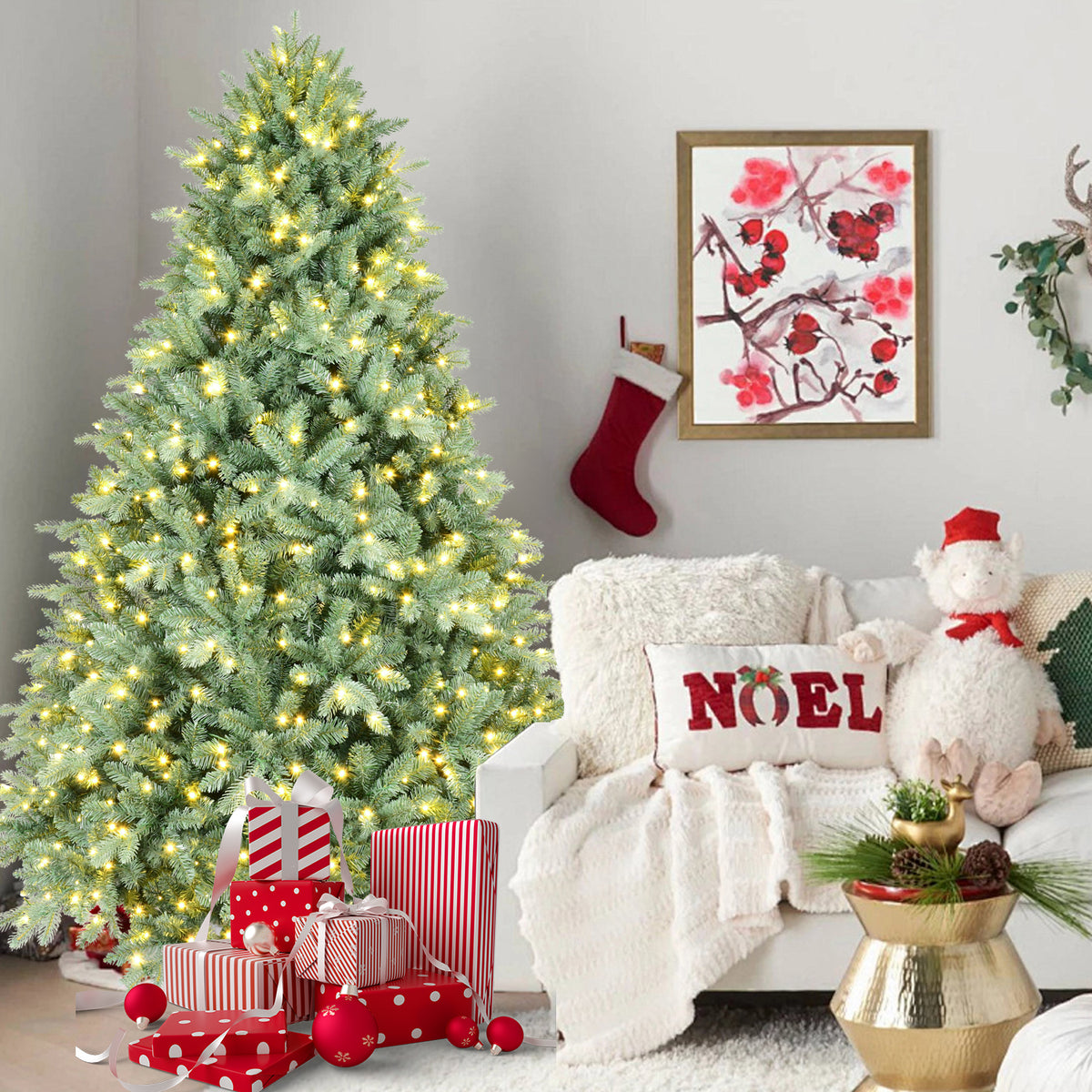 9FT Blue-Green Tint Pre-Lit Christmas Tree with 1150 Warm White LED Lights – 4368 PE+PVC Tips, Hinged Branches for Easy Setup, Sturdy Metal Stand, Unique Holiday Decoration