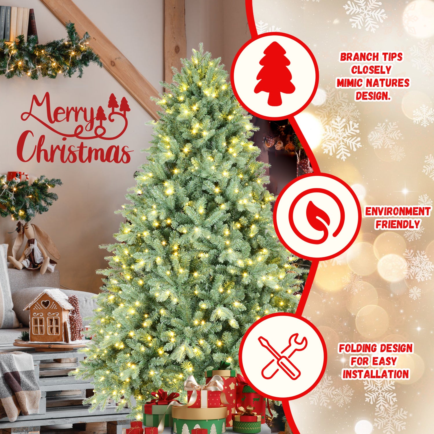 9FT Blue-Green Tint Pre-Lit Christmas Tree with 1150 Warm White LED Lights – 4368 PE+PVC Tips, Hinged Branches for Easy Setup, Sturdy Metal Stand, Unique Holiday Decoration
