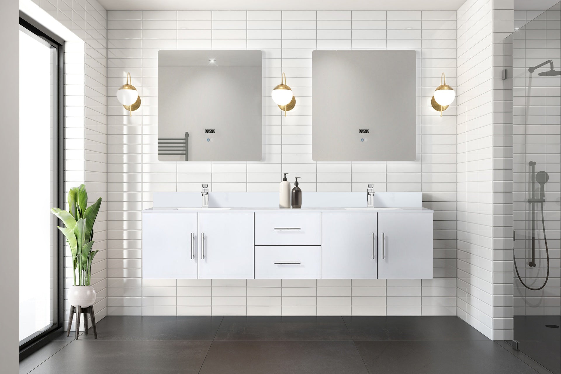 Glossy White Double Bath Vanity 80 in. W x 22 in. D, White Quartz Top, and Faucet Set