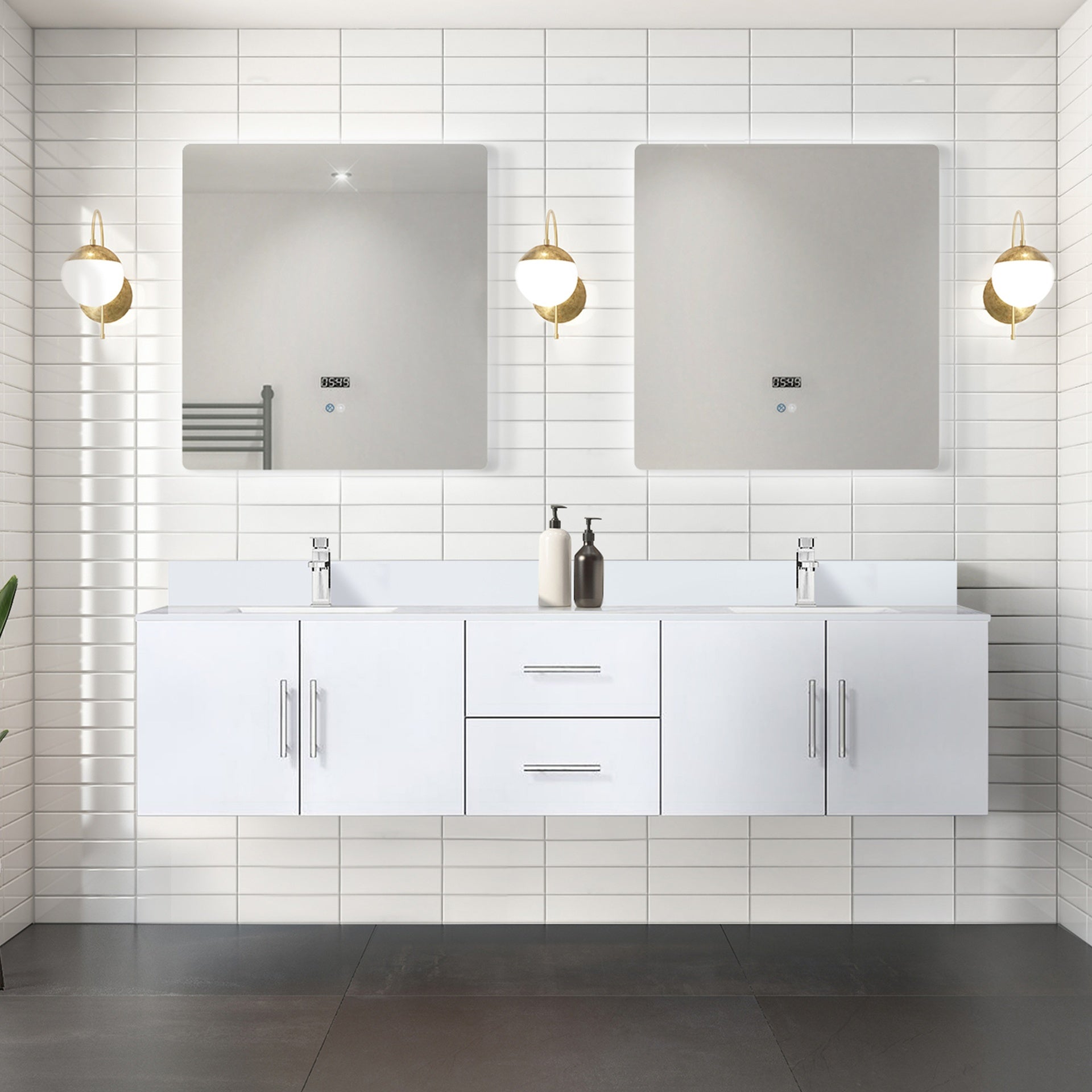 Glossy White Double Bath Vanity 80 in. W x 22 in. D, White Quartz Top, and Faucet Set