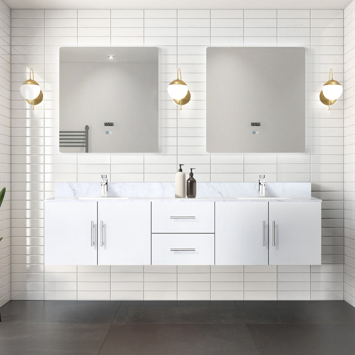 Glossy White Double Bath Vanity 80 in. W x 22 in. D, Carrara Marble Top, and Faucet Set