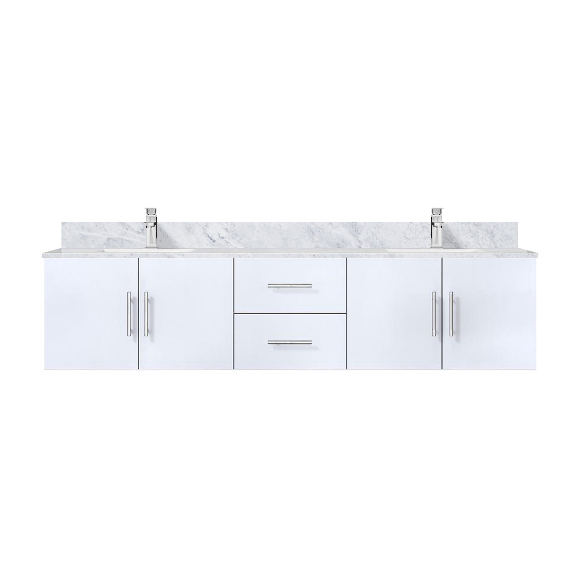 Glossy White Double Bath Vanity 80 in. W x 22 in. D, Carrara Marble Top, and Faucet Set