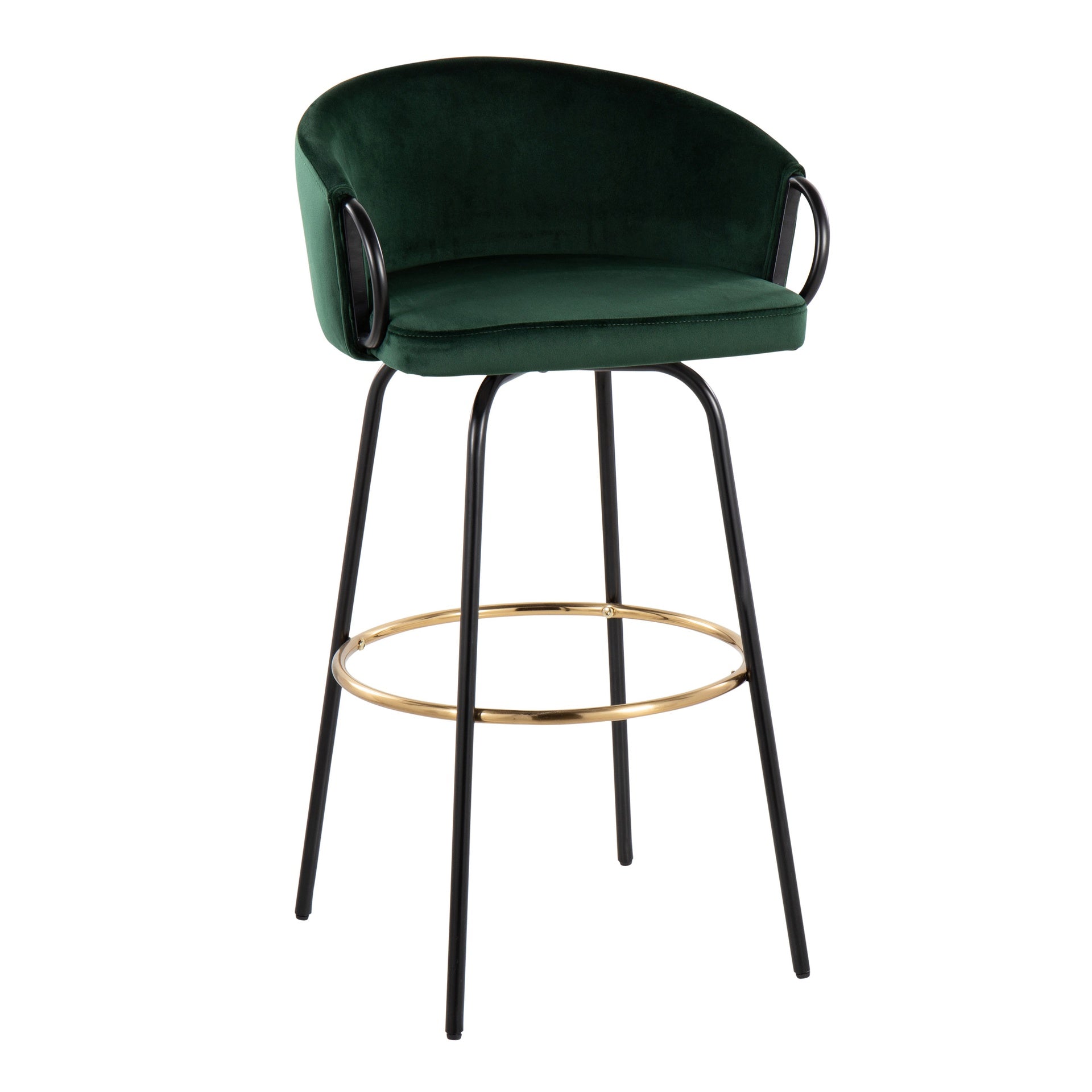 Claire Contemporary/Glam Barstool in Black Metal and Emerald Green Velvet with Gold Metal Footrest by LumiSource - Set of 2