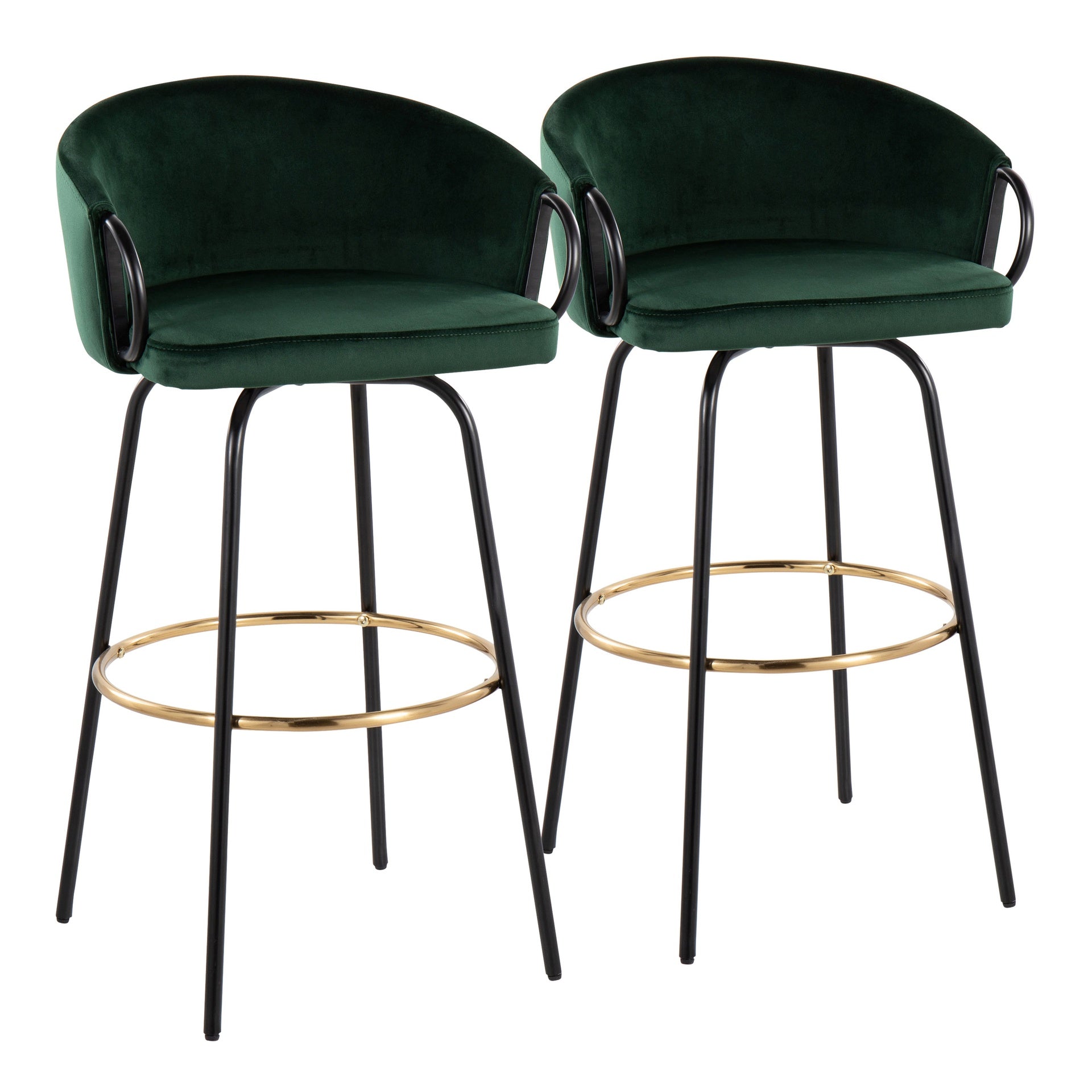 Claire Contemporary/Glam Barstool in Black Metal and Emerald Green Velvet with Gold Metal Footrest by LumiSource - Set of 2
