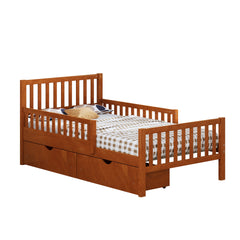 Twin Size Wood Platform Bed with Guardrails on Both Sides and Two Storage Drawers, Walnut