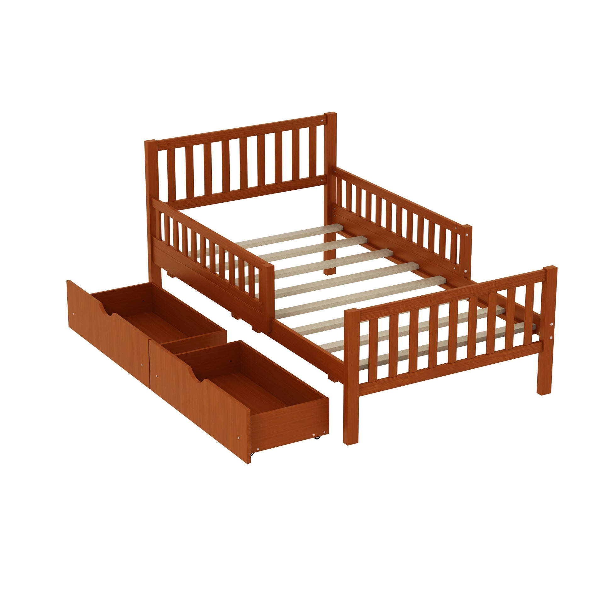Twin Size Wood Platform Bed with Guardrails on Both Sides and Two Storage Drawers, Walnut