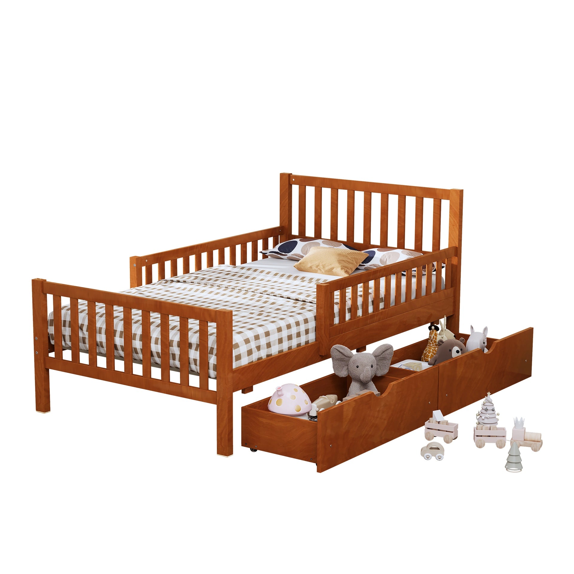 Twin Size Wood Platform Bed with Guardrails on Both Sides and Two Storage Drawers, Walnut
