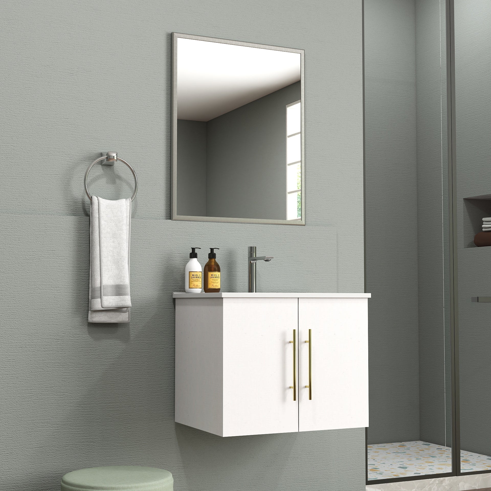 24-Inch Wall-Mounted Bathroom Vanity with Sink and Mirror Combo,Double Doors,Soft Close Hinges, Ceramic Basin,Sliver Aluminum Frame,Easy Assemble,Gold Metal Long Handle,Storage Space,Glossy White