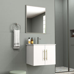 24-Inch Wall-Mounted Bathroom Vanity with Sink and Mirror Combo,Double Doors,Soft Close Hinges, Ceramic Basin,Sliver Aluminum Frame,Easy Assemble,Gold Metal Long Handle,Storage Space,Glossy White