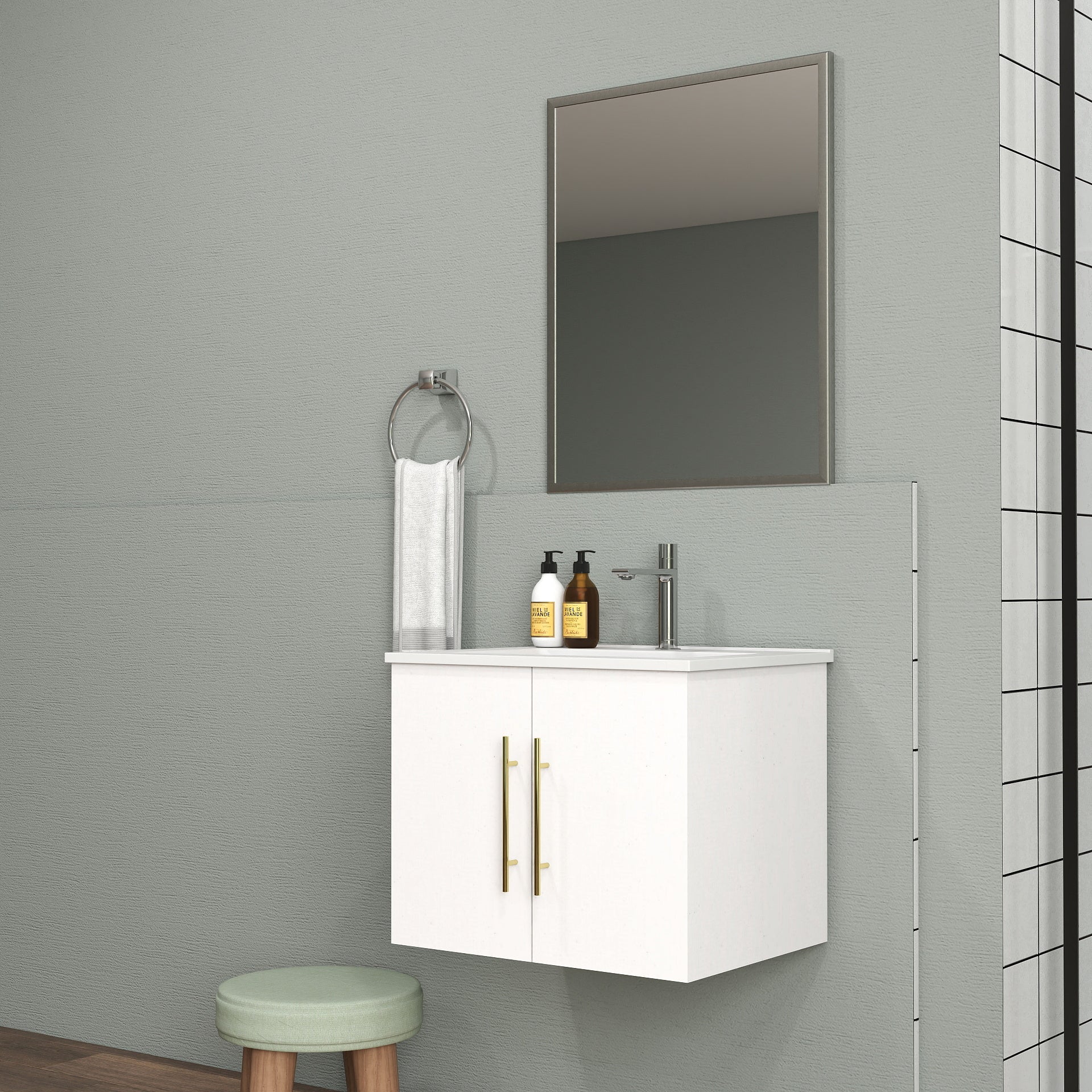 24-Inch Wall-Mounted Bathroom Vanity with Sink and Mirror Combo,Double Doors,Soft Close Hinges, Ceramic Basin,Sliver Aluminum Frame,Easy Assemble,Gold Metal Long Handle,Storage Space,Glossy White