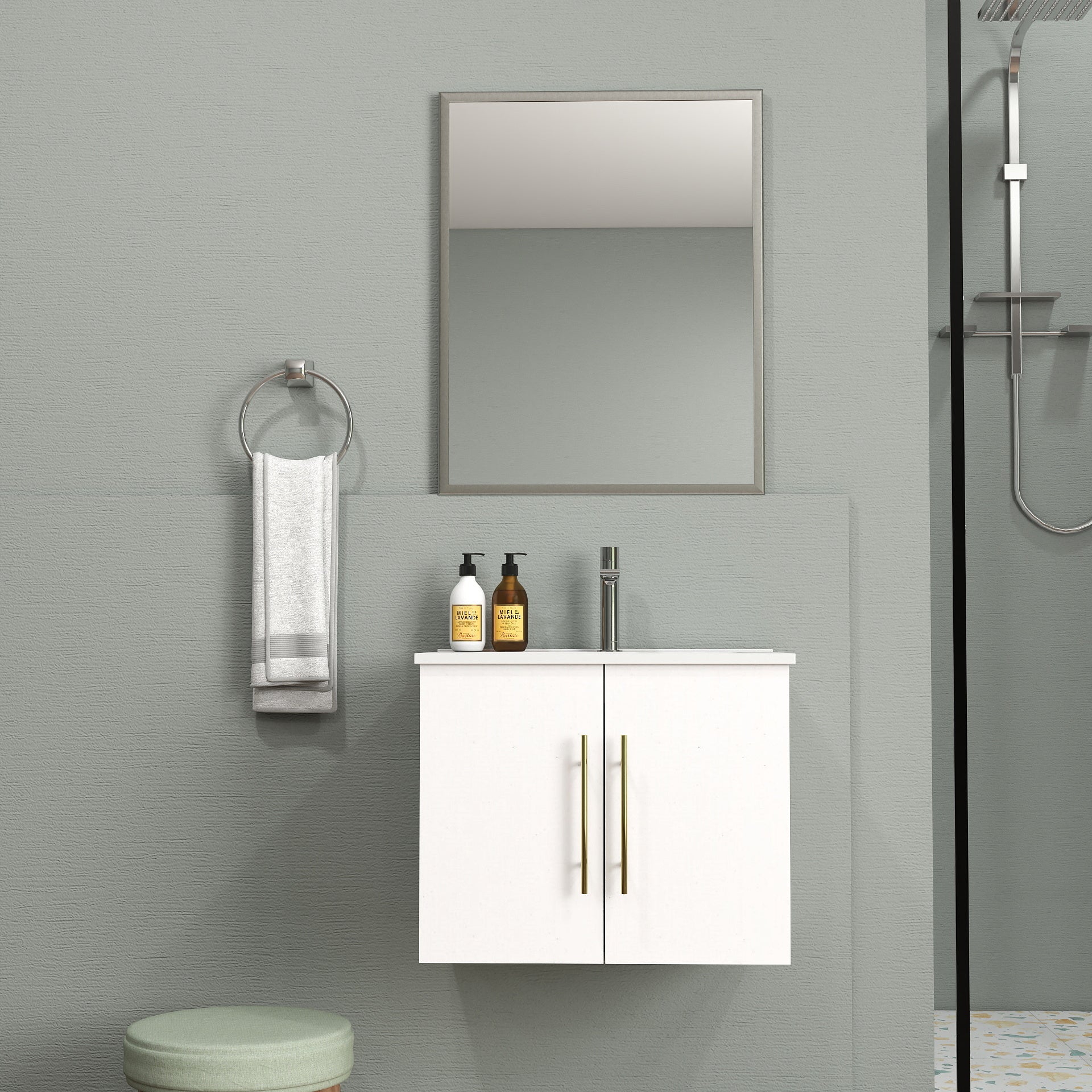24-Inch Wall-Mounted Bathroom Vanity with Sink and Mirror Combo,Double Doors,Soft Close Hinges, Ceramic Basin,Sliver Aluminum Frame,Easy Assemble,Gold Metal Long Handle,Storage Space,Glossy White