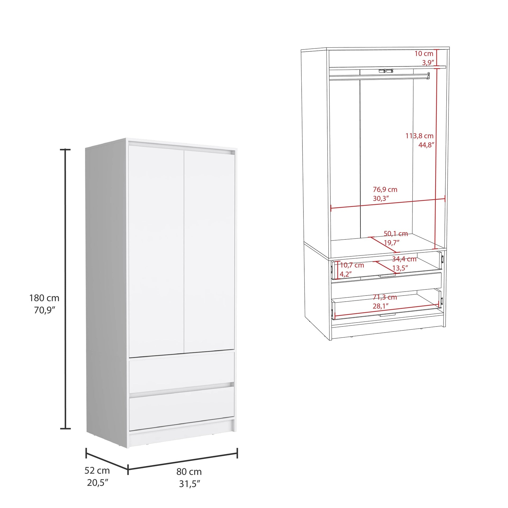 Austin 2 Drawers Armoire, Double Door, Hanging Rod -White