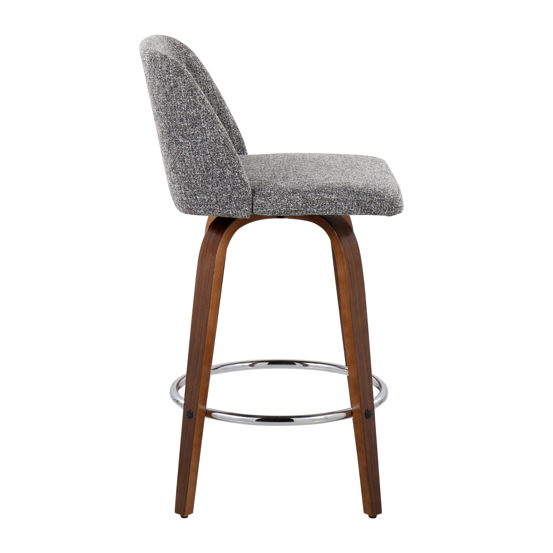 Toriano Mid-Century Modern Fixed-Height Counter Stool in Walnut Wood with Round Chrome Footrest and Grey Noise Fabric by LumiSource - Set of 2