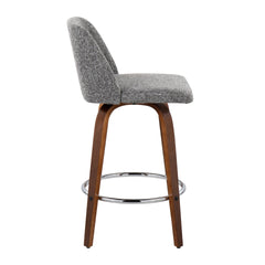 Toriano Mid-Century Modern Fixed-Height Counter Stool in Walnut Wood with Round Chrome Footrest and Grey Noise Fabric by LumiSource - Set of 2