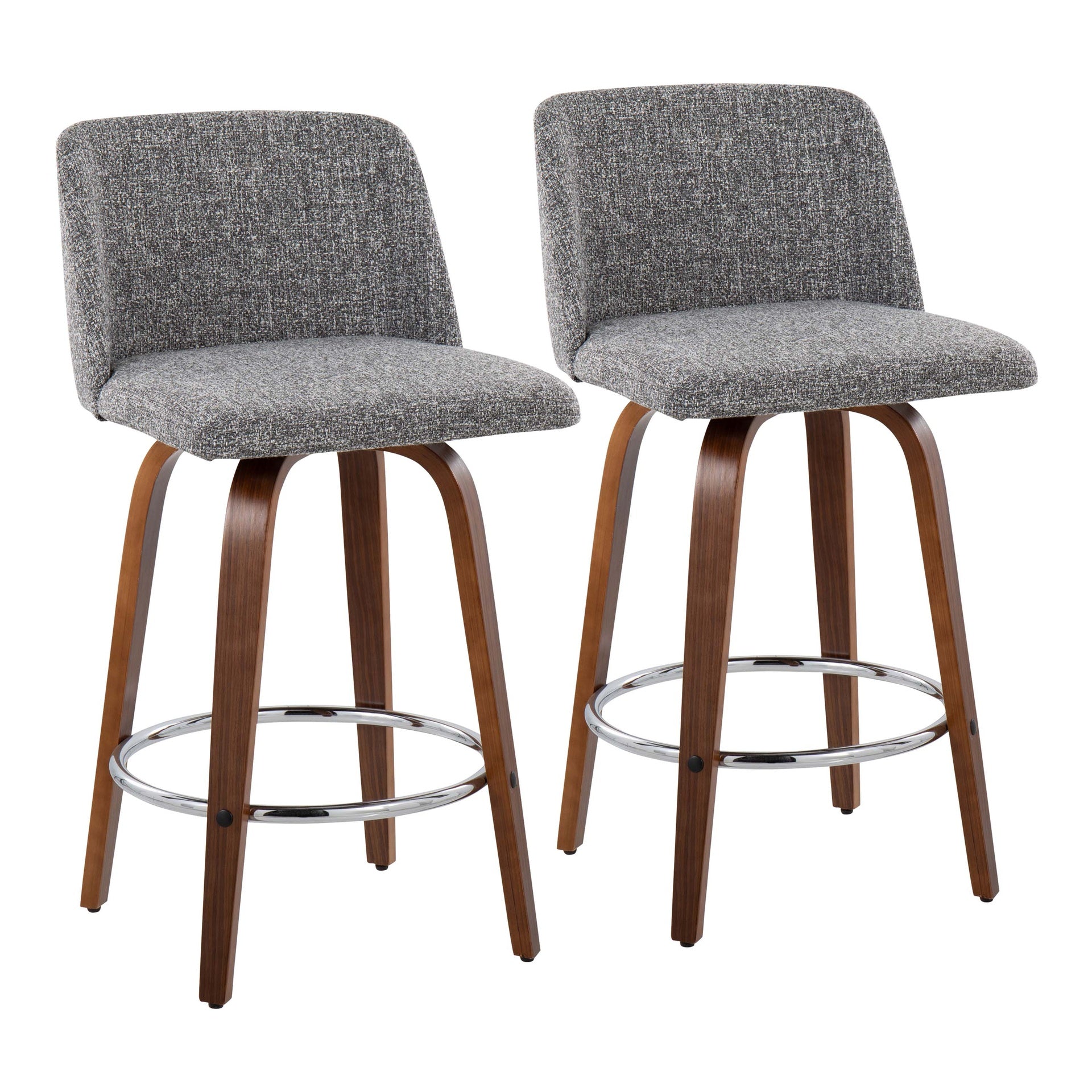 Toriano Mid-Century Modern Fixed-Height Counter Stool in Walnut Wood with Round Chrome Footrest and Grey Noise Fabric by LumiSource - Set of 2