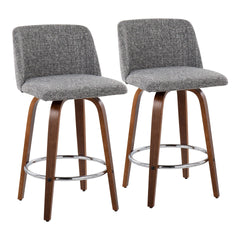 Toriano Mid-Century Modern Fixed-Height Counter Stool in Walnut Wood with Round Chrome Footrest and Grey Noise Fabric by LumiSource - Set of 2