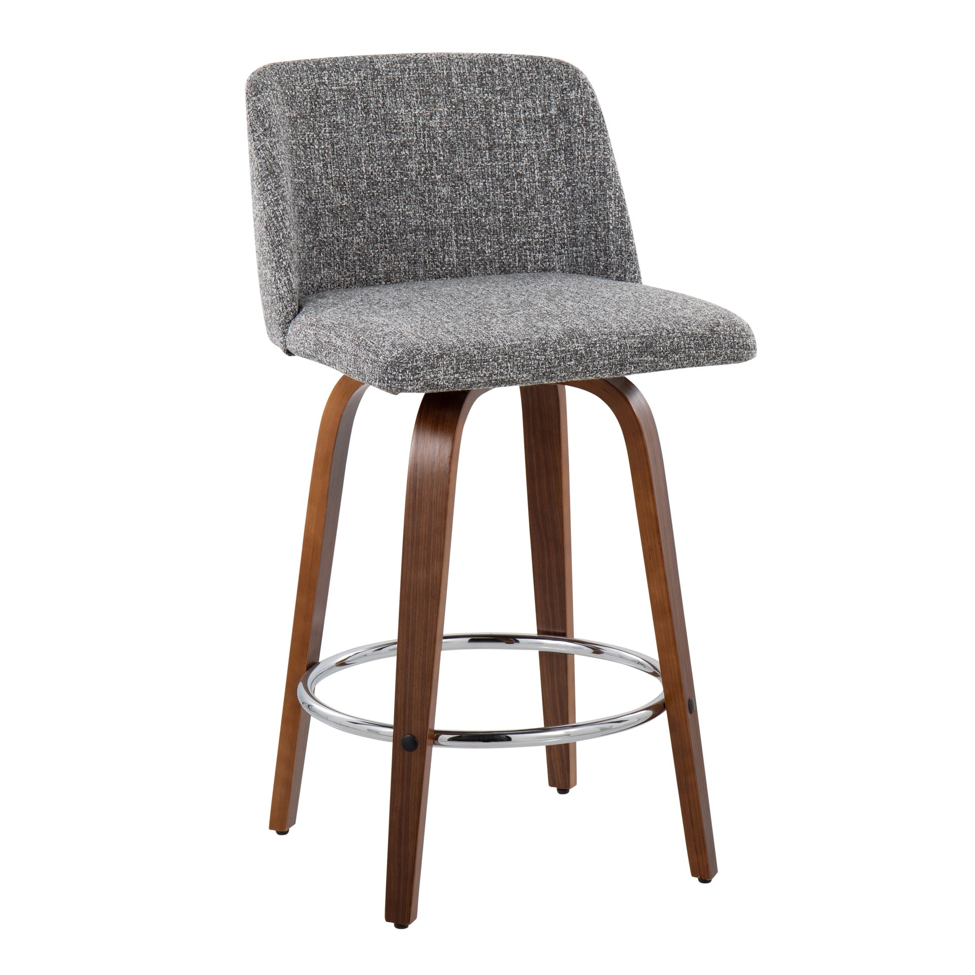 Toriano Mid-Century Modern Fixed-Height Counter Stool in Walnut Wood with Round Chrome Footrest and Grey Noise Fabric by LumiSource - Set of 2