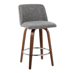 Toriano Mid-Century Modern Fixed-Height Counter Stool in Walnut Wood with Round Chrome Footrest and Grey Noise Fabric by LumiSource - Set of 2