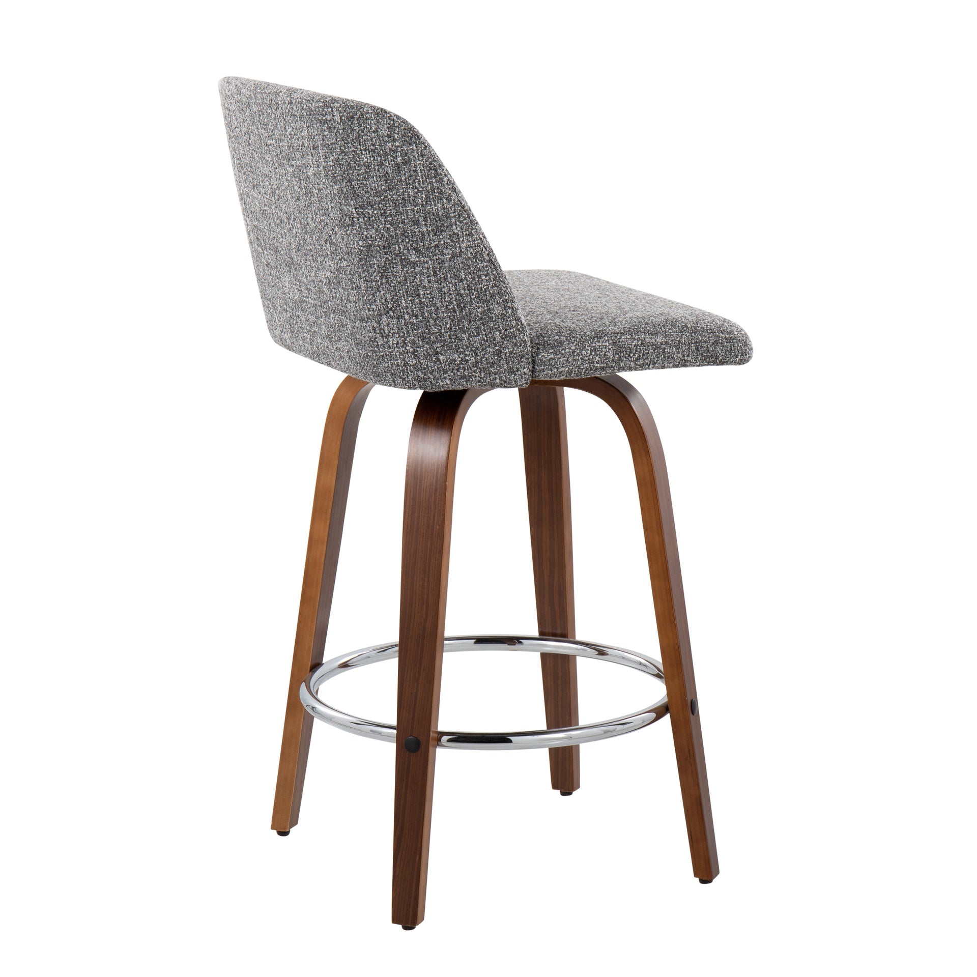 Toriano Mid-Century Modern Fixed-Height Counter Stool in Walnut Wood with Round Chrome Footrest and Grey Noise Fabric by LumiSource - Set of 2